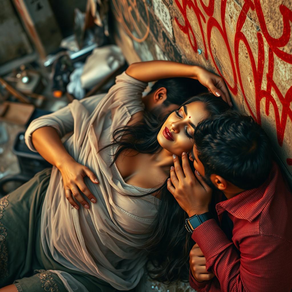 A sultry Indian woman with long hair, wearing a sheer veil, lying against a wall in a slum, surrounded by a group of men expressing affection