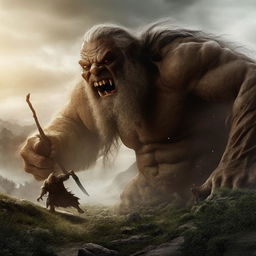 An intense image displaying a massive troll in hot pursuit of Gandalf, the legendary wizard. The troll's threatening size and features are contrasted with Gandalf's determined expression as he brandishes his staff.