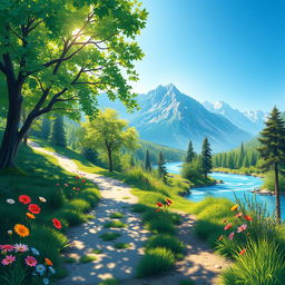 A serene and inspirational depiction of 'जीने की राह' (the path of life), illustrating a beautiful trail winding through a tranquil landscape