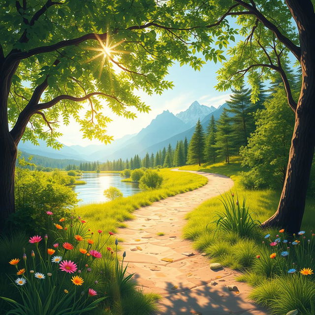 A serene and inspirational depiction of 'जीने की राह' (the path of life), illustrating a beautiful trail winding through a tranquil landscape