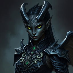 A female black dragonborn character from Dungeons & Dragons 5