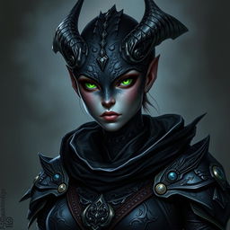 A female black dragonborn character from Dungeons & Dragons 5