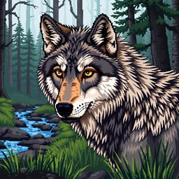 A realistic pixel art depiction of a wolf, featuring intricate details that capture the essence of the animal