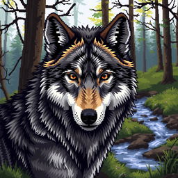 A realistic pixel art depiction of a wolf, featuring intricate details that capture the essence of the animal