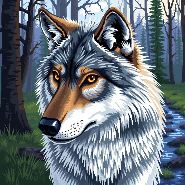 A realistic pixel art depiction of a wolf, featuring intricate details that capture the essence of the animal