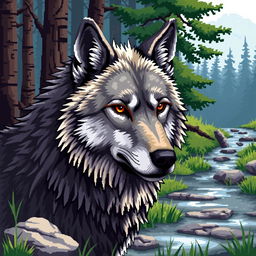 A realistic pixel art depiction of a wolf, featuring intricate details that capture the essence of the animal