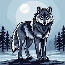 A large format pixel art design of a wolf, showcasing the intricate details of its fur and facial features