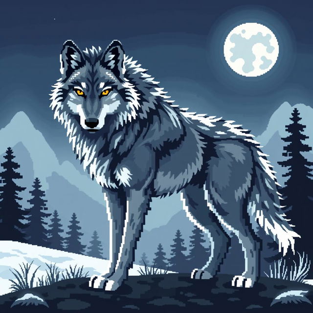 A large format pixel art design of a wolf, showcasing the intricate details of its fur and facial features