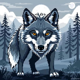 A large format pixel art design of a wolf, showcasing the intricate details of its fur and facial features