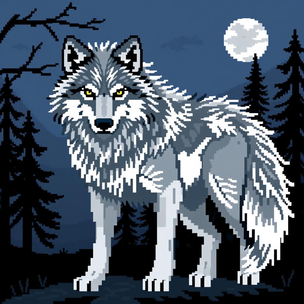 A large format pixel art design of a wolf, showcasing the intricate details of its fur and facial features