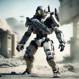 A battle-hardened robotic soldier from Call of Duty, armored with high-tech gear, locked and loaded with advanced weaponry, ready for the next mission