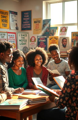 A vibrant and inspiring scene depicting a diverse group of African American youth engaged in self-development activities