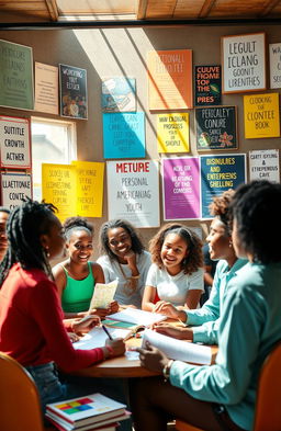 A vibrant and inspiring scene depicting a diverse group of African American youth engaged in self-development activities