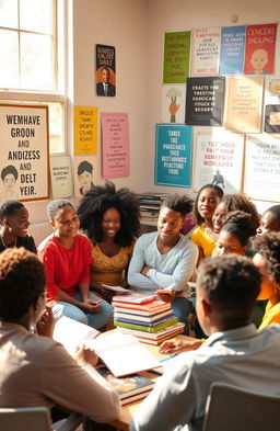 A vibrant and inspiring scene depicting a diverse group of African American youth engaged in self-development activities