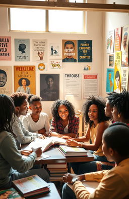 A vibrant and inspiring scene depicting a diverse group of African American youth engaged in self-development activities