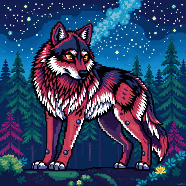 A large format pixel art depiction of a wolf, featuring a detailed and stylized design with vibrant colors