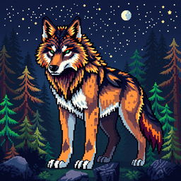 A large format pixel art depiction of a wolf, featuring a detailed and stylized design with vibrant colors