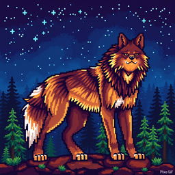 A large format pixel art depiction of a wolf, featuring a detailed and stylized design with vibrant colors