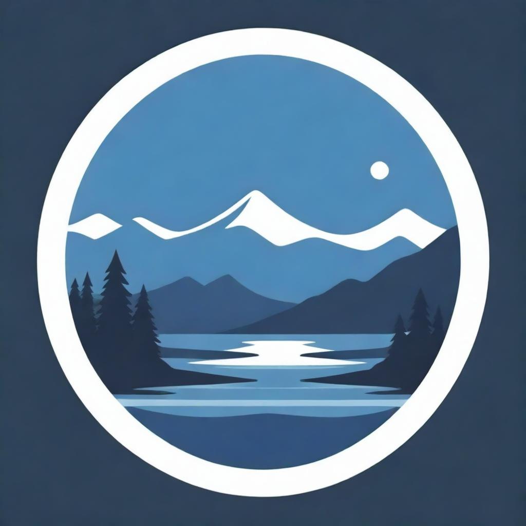 Generate a sleek, modern, and memorable emblem featuring a symbolic representation of a river, using a limited color palette of dark charcoal, blue, and white