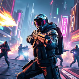 An action-packed, cinematic scene from a frag movie featuring an intense video game showdown