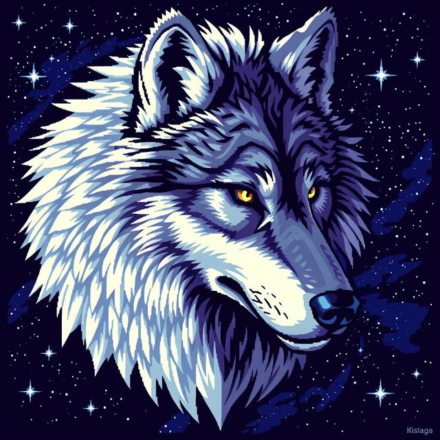 A large-format pixel art depiction of a majestic wolf's head, featuring intricate details in the fur texture and striking colors