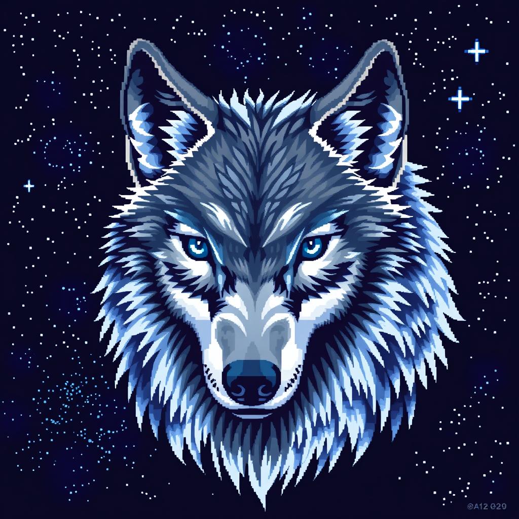 A large-format pixel art depiction of a majestic wolf's head, featuring intricate details in the fur texture and striking colors