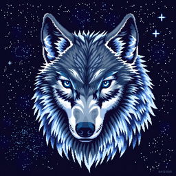 A large-format pixel art depiction of a majestic wolf's head, featuring intricate details in the fur texture and striking colors