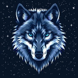 A large-format pixel art depiction of a majestic wolf's head, featuring intricate details in the fur texture and striking colors