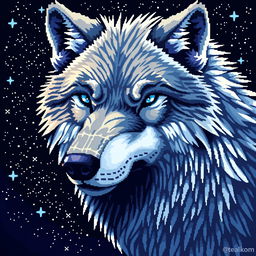 A large-format pixel art depiction of a majestic wolf's head, featuring intricate details in the fur texture and striking colors