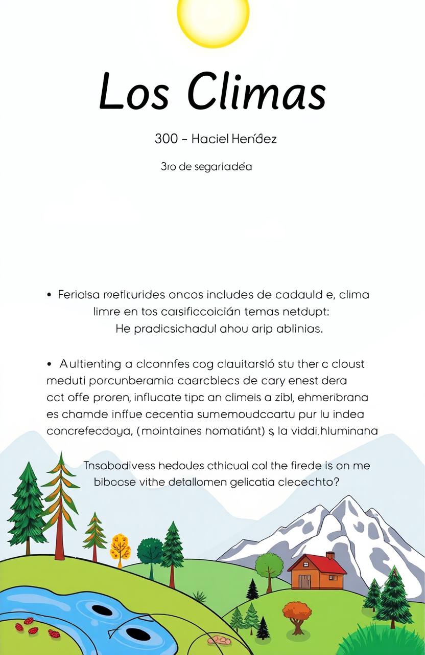 Un bloque de geografía de secundaria titulado 'Los Climas' que incluye meticulosamente temas como la clasificación de climas, características de cada tipo de clima, y su influencia en el medio ambiente y la vida humana
