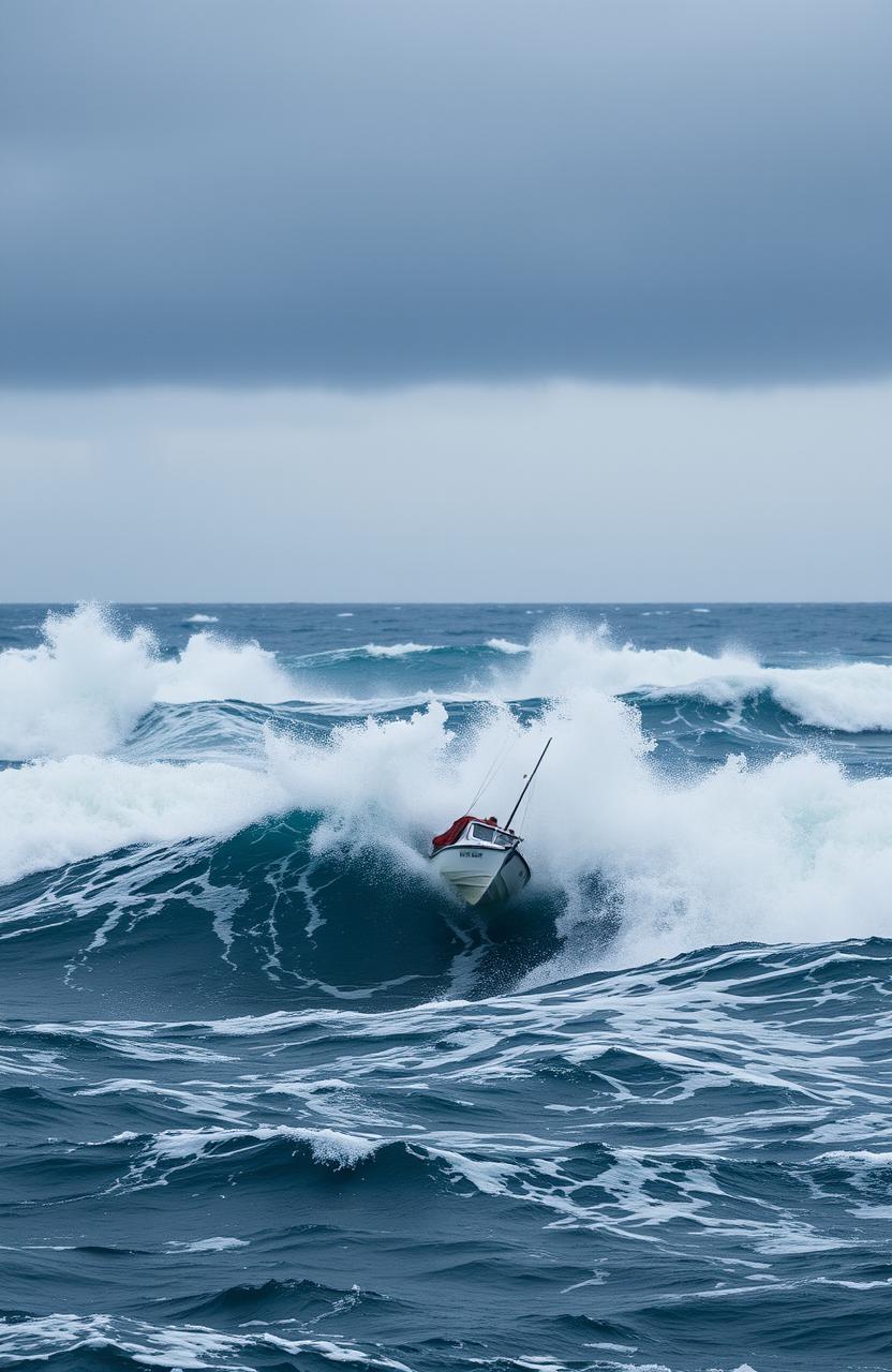 A dramatic seascape depicting turbulent ocean waves with changing wind directions, showcasing a small boat being tossed around in the rough waters