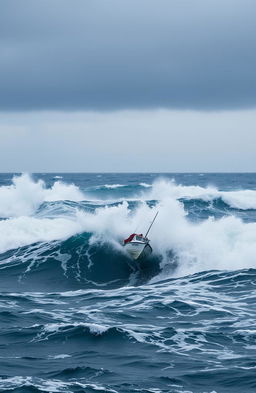 A dramatic seascape depicting turbulent ocean waves with changing wind directions, showcasing a small boat being tossed around in the rough waters