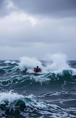 A dramatic seascape depicting turbulent ocean waves with changing wind directions, showcasing a small boat being tossed around in the rough waters