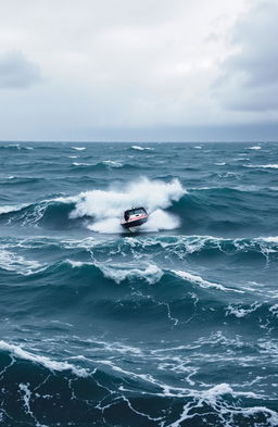 A dramatic seascape depicting turbulent ocean waves with changing wind directions, showcasing a small boat being tossed around in the rough waters