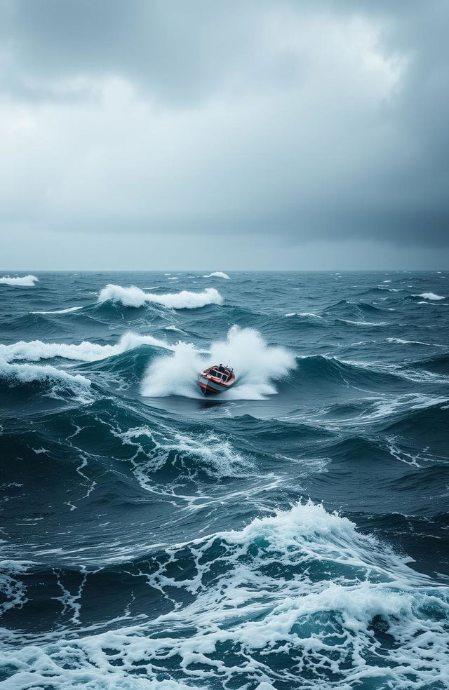 A dramatic seascape depicting turbulent ocean waves with changing wind directions, showcasing a small boat being tossed around in the rough waters