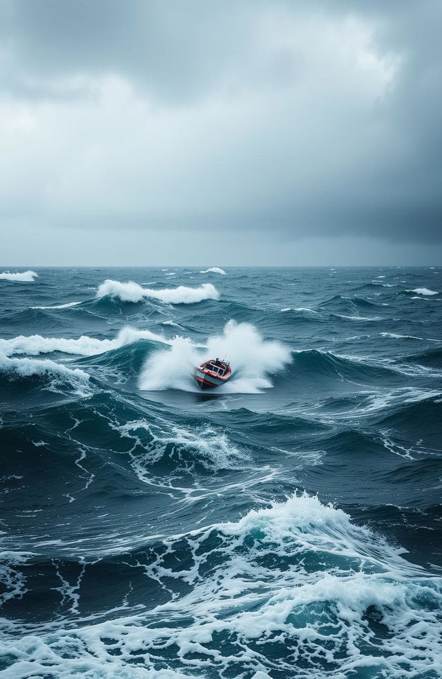 A dramatic seascape depicting turbulent ocean waves with changing wind directions, showcasing a small boat being tossed around in the rough waters