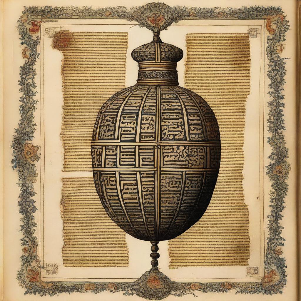 An ancient manuscript page, ornately bordered and filled with illuminated letters, presents the legendary Holy Hand Grenade of Antioch