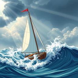 An illustration titled 'Change Wind Direction' featuring a sailboat bravely navigating against powerful ocean waves