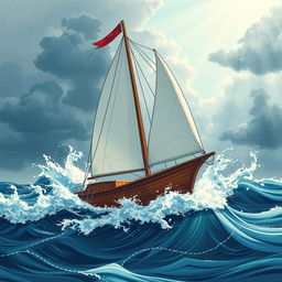 An illustration titled 'Change Wind Direction' featuring a sailboat bravely navigating against powerful ocean waves