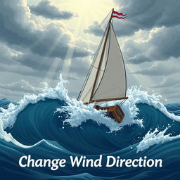 An illustration titled 'Change Wind Direction' featuring a sailboat bravely navigating against powerful ocean waves