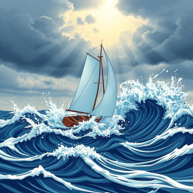 An illustration titled 'Change Wind Direction' featuring a sailboat bravely navigating against powerful ocean waves