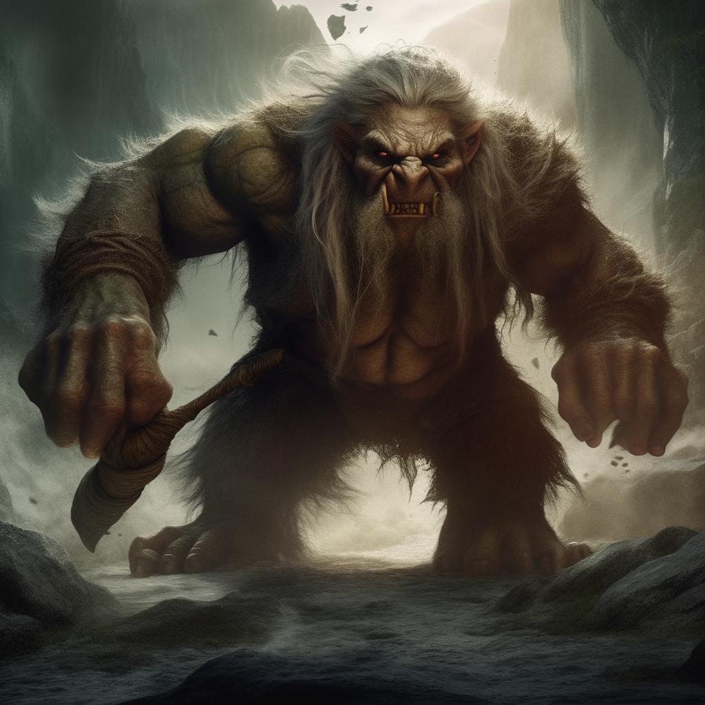 An intense image displaying a massive troll in hot pursuit of Gandalf, the legendary wizard. The troll's threatening size and features are contrasted with Gandalf's determined expression as he brandishes his staff.