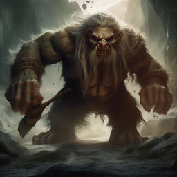 An intense image displaying a massive troll in hot pursuit of Gandalf, the legendary wizard. The troll's threatening size and features are contrasted with Gandalf's determined expression as he brandishes his staff.