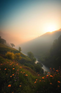 A serene landscape with rolling hills covered in soft morning mist, surrounded by lush green trees and vibrant wildflowers