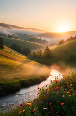 A serene landscape with rolling hills covered in soft morning mist, surrounded by lush green trees and vibrant wildflowers
