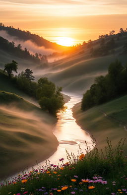 A serene landscape with rolling hills covered in soft morning mist, surrounded by lush green trees and vibrant wildflowers