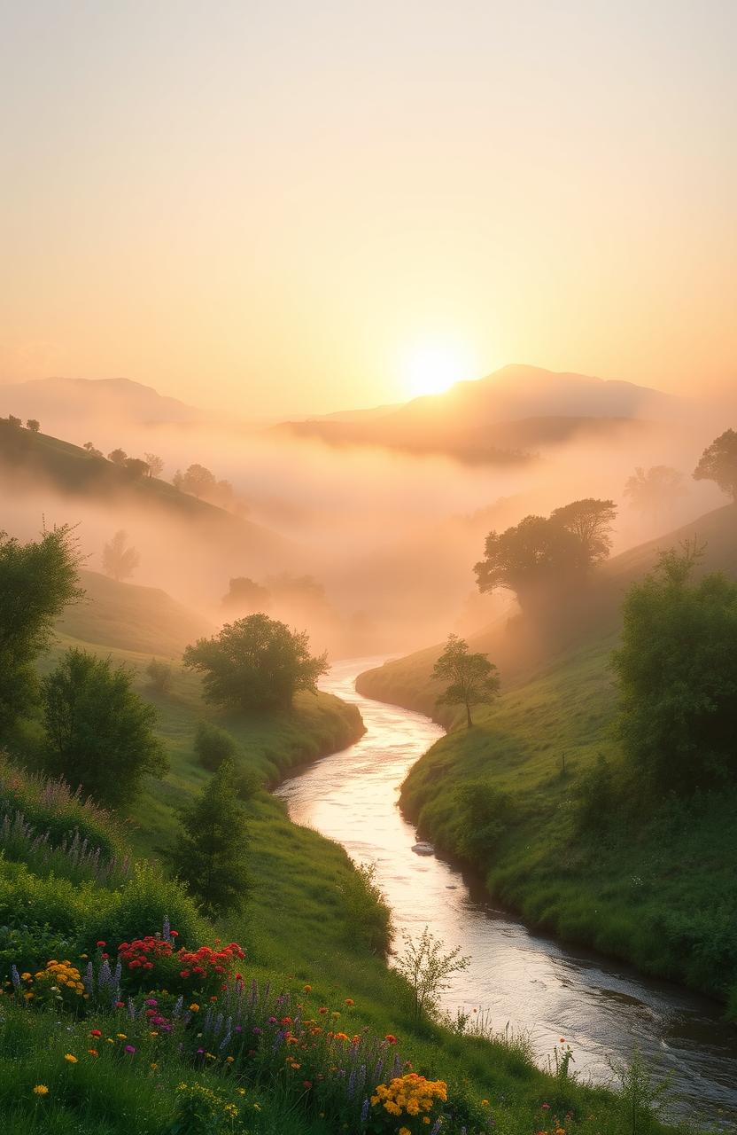 A serene landscape with rolling hills covered in soft morning mist, surrounded by lush green trees and vibrant wildflowers