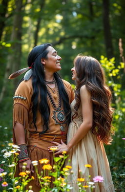 A romantic scene depicting a Native American man and an American girl in a lush, green forest