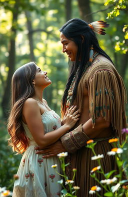 A romantic scene depicting a Native American man and an American girl in a lush, green forest