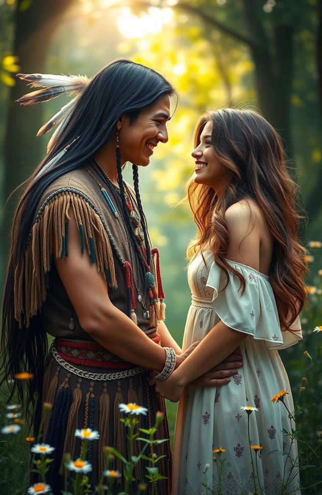 A romantic scene depicting a Native American man and an American girl in a lush, green forest